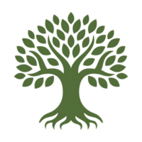 Stylized green tree with spreading branches and roots symbolizes growth and nature. design is simple and elegant, with focus on tree organic shape png