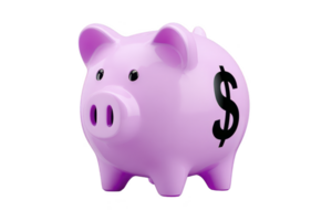 Purple piggy bank with dollar sign symbolizes savings and financial planning. glossy finish and simple design make it ideal for illustrating concepts of budgeting and money management png