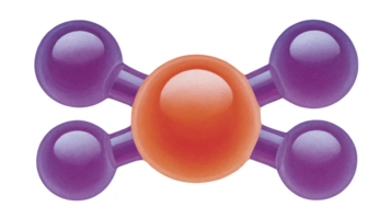 Colorful molecular model with central orange sphere connected to four purple spheres, representing chemical structure. vibrant colors and simple design make it visually engaging png