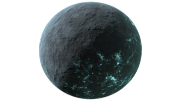 Textured, dark planet with glowing turquoise areas creates mysterious and otherworldly atmosphere. surface appears rocky and uneven, suggesting distant celestial body png