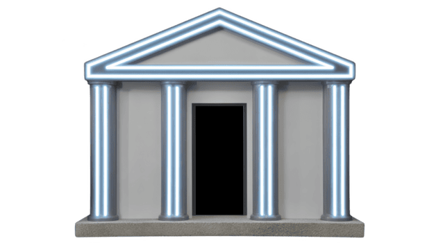 Digital illustration of classical Greek temple with glowing neon outlines, featuring four columns and triangular pediment. modern neon effect adds contemporary twist to ancient architectural style png