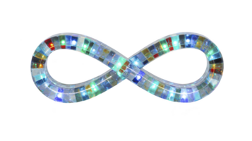 Colorful LED infinity symbol with glowing lights in various colors, creating vibrant and dynamic visual effect. symbol is made of transparent material, allowing lights to shine through brightly png
