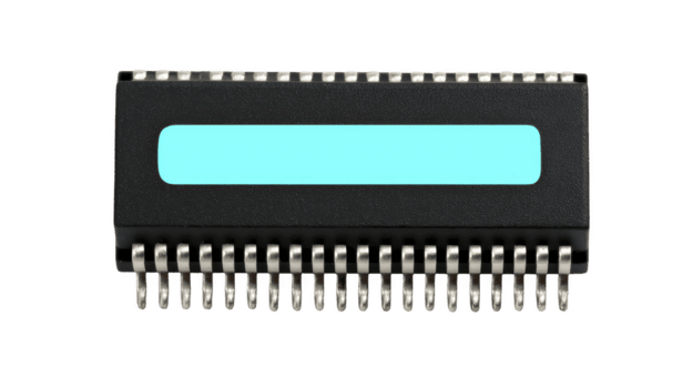 nero integrato circuito patata fritta con multiplo metallo perni è mostrato, con blu etichetta su suo superficie. Questo elettronico componente è essenziale per vario tecnologico applicazioni png