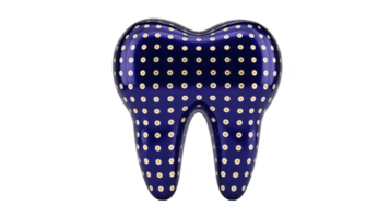 Blue tooth shaped object with polka dot pattern creates playful and whimsical design. glossy finish adds modern touch, making it eye catching decorative piece png