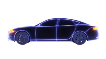 Sleek, futuristic car with glowing blue outlines and streamlined design, showcasing modern automotive technology and innovation. car silhouette is highlighted against transparency background png