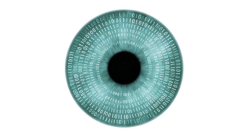 Digital eye with binary code represents concept of technology and data visualization. image symbolizes integration of human vision with digital information, highlighting themes of surveillance png