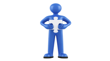 Blue 3D figure holds white puzzle piece, symbolizing problem solving and teamwork. figure simple design and vibrant color convey sense of creativity and collaboration png