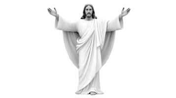 Statue of religious figure with outstretched arms, wearing flowing robe, symbolizes peace and spirituality. sculpture is detailed and evokes sense of reverence and calm png
