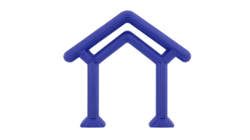 Blue, abstract geometric structure resembling house with triangular roof and two pillars, made of layered lines, stands against transparency background. design is modern and minimalist png