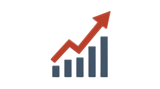 vermelho para cima seta gráfico ícone simboliza crescimento e sucesso, com Series do ascendente azul bares representando aumentando dados ou Estatisticas. isto transmite progresso e positivo tendências png