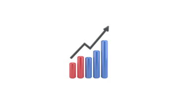 Bar chart with red and blue columns and upward arrow indicating growth or progress. chart features zigzag line connecting tops of columns, symbolizing data trends or financial success png