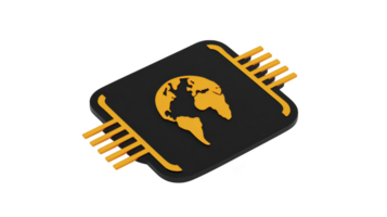 Stylized illustration of microchip with globe design in center, symbolizing global technology and connectivity. chip is black with orange accents, representing innovation and digital communication png