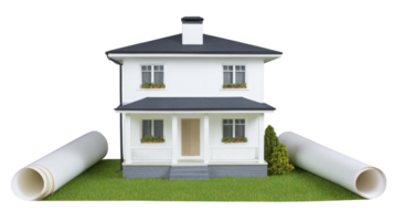 Small white house with black roof is surrounded by green grass and two large architectural blueprints. scene suggests planning and construction, evoking sense of home design and development png