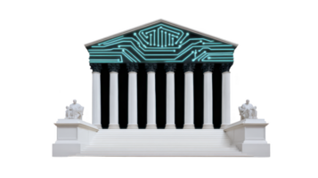 Digital circuit design is integrated into facade of classical Greek temple, symbolizing fusion of technology and tradition. temple features columns and statues, creating futuristic yet historical png