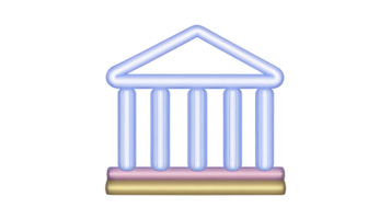 Glowing neon icon of classical building with columns, symbolizing architecture or institutions. design features blue outline with pink and yellow base, creating modern and vibrant look png