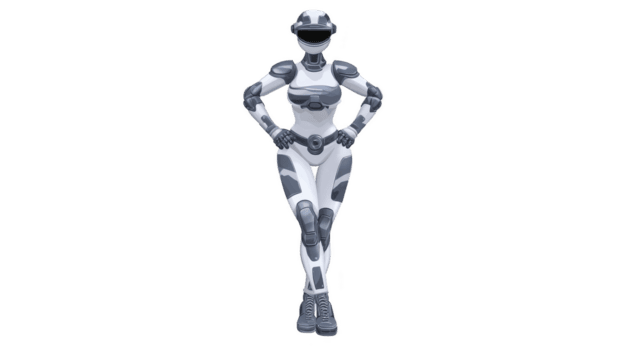 futurista humanoide robot soportes con confianza con manos caderas, exhibiendo avanzado tecnología y pulcro diseño. robot caracteristicas blanco y gris color esquema, enfatizando sus moderno y innovador png