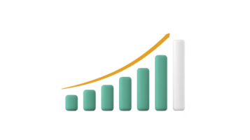 3D bar graph with five ascending green bars and orange upward arrow represents growth and progress. design is simple and modern, ideal for business or financial presentations png