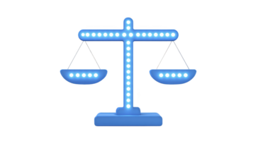 Glowing blue balance scale with illuminated dots symbolizes justice and fairness. modern design and bright lights create futuristic and innovative feel png