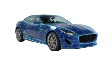 Sleek blue sports car with digital wireframe overlay, showcasing modern automotive design and technology. image highlights car aerodynamic shape and futuristic features png