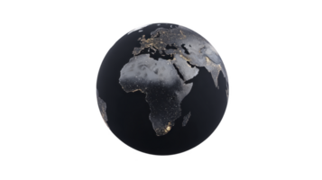 Digital rendering of Earth night shows illuminated cities and continents, highlighting human activity and urban areas. image captures contrast between dark oceans and bright landmasses png