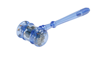 Transparent blue gavel with embedded electronic circuits symbolizes intersection of technology and law, representing digital justice and innovation in legal systems png