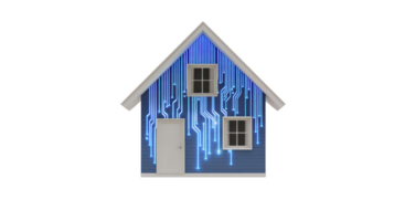 House with digital circuit pattern its exterior symbolizes concept of smart home, integrating technology with traditional living spaces. blue circuitry design represents connectivity png