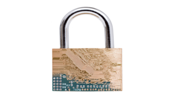 Padlock with circuit board design symbolizes cybersecurity and digital protection. lock metallic finish and intricate circuitry pattern convey sense of modern technology and security png