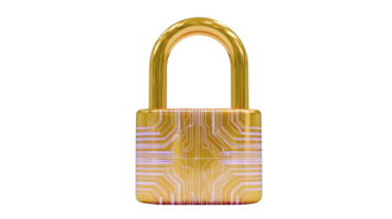 Golden padlock with digital circuit pattern symbolizes cybersecurity and data protection. shiny metallic finish and intricate design convey sense of security and modern technology png
