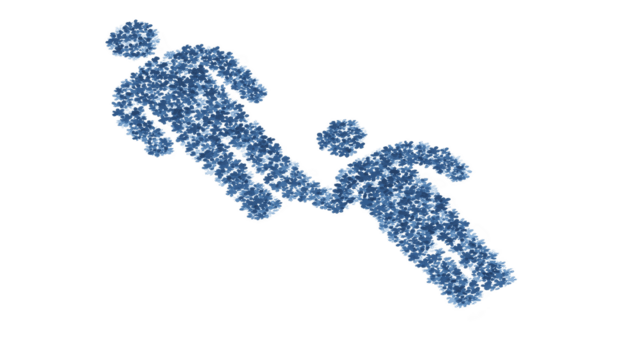 groot figuur en kleiner figuur, beide samengesteld van blauw bloemen patronen, zijn afgebeeld Holding handen, symboliseert verbinding en zorg. ontwerp is artistiek en abstract, oproepen tot zin van eenheid png