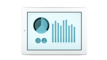 Digital tablet displaying data visualization with bar and pie charts, showcasing analytical information in modern, sleek design. interface is user friendly and efficient png