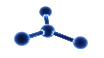 3D model of simple molecule with three connected spheres representing atoms, glowing with blue hue, illustrating basic chemical structure png