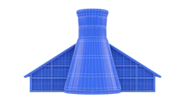 3D rendering of blue industrial cooling tower with wireframe design, showcasing architectural and engineering details. structure is symmetrical and futuristic, highlighting its utility industrial png
