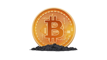 Golden Bitcoin symbol stands prominently against backdrop of dark coal, symbolizing contrast between digital currency and traditional energy sources png