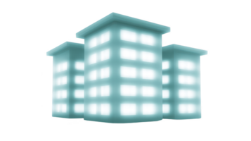 Glowing illustration of three modern skyscrapers with illuminated windows, set against transparent background. buildings have futuristic design, emitting soft blue light, creating serene png