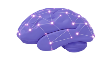 Digital illustration of purple brain with glowing neural connections symbolizes artificial intelligence and neural networks. futuristic design highlights technology and innovation png
