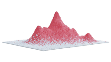 3D scatter plot with red data points forms mountainous shape on white grid, illustrating data distribution and analysis. peaks and valleys suggest varying data densities png