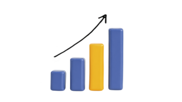 3D bar chart with three vertical bars, two blue and one yellow, represents growth or progress. An upward arrow above bars indicates increase or positive trend png