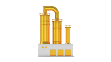 Digital illustration of stylized factory with tall, golden chimneys and white base, representing industrial architecture. design is sleek and modern, emphasizing clean lines and vibrant colors png