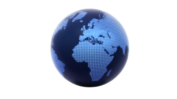 Digital globe with dotted pattern highlights continents in futuristic style, emphasizing technology and global connectivity. blue and black color scheme adds modern touch png