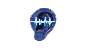 Digital illustration of blue ear with soundwave pattern across it, symbolizing audio technology and communication. image conveys futuristic and technological theme png