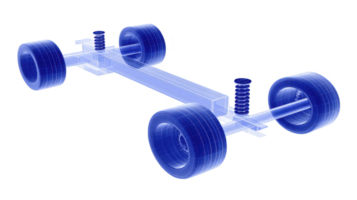 Digital rendering of car chassis with visible suspension and wheels, showcasing transparent, blue tinted design. image highlights technical aspects of automotive engineering png