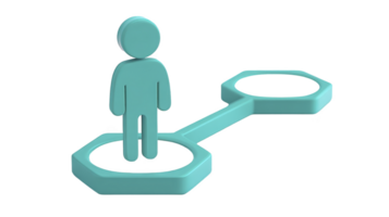 Teal 3D icon of person stands on connected platform, symbolizing networking or connection. design is simple and modern, with focus on connectivity and interaction png