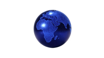 Digitally rendered globe with sparkling blue texture highlights continents against transparency background, creating futuristic and vibrant appearance. image conveys sense of global connectivity png