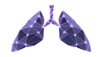 Digital illustration of human lungs with network of glowing purple nodes and lines, symbolizing connectivity and technology. abstract design conveys futuristic and innovative feel png