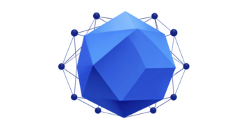 Blue geometric shape, resembling polyhedron, is surrounded by interconnected nodes, symbolizing network or digital connectivity. design is modern and abstract, evoking sense of technology png
