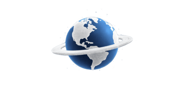 digital ilustração do terra com brilhando anel cercando isto, semelhante a planeta com anel sistema. imagem características azul e branco cor esquema, destacando continentes e oceanos, com futurista png