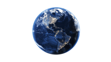 Stunning view of Earth from space, showcasing illuminated city lights across continents against dark backdrop of night. vibrant blue oceans and swirling white clouds add to planet beauty png