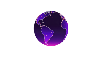 Glowing purple globe with highlighted continents and dots represents global connectivity and technology. vibrant colors and digital style convey futuristic and interconnected world png