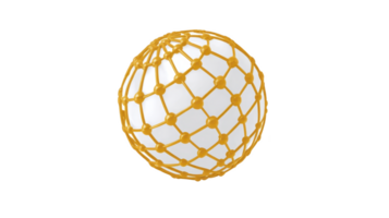 White ball encased in yellow netting structure, creating geometric pattern. netting provides textured contrast to smooth surface of ball, evoking playful and dynamic feel png