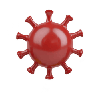 3D red virus model with spherical shape and protruding spikes, resembling microscopic pathogen. glossy surface and vibrant color emphasize its abstract representation png